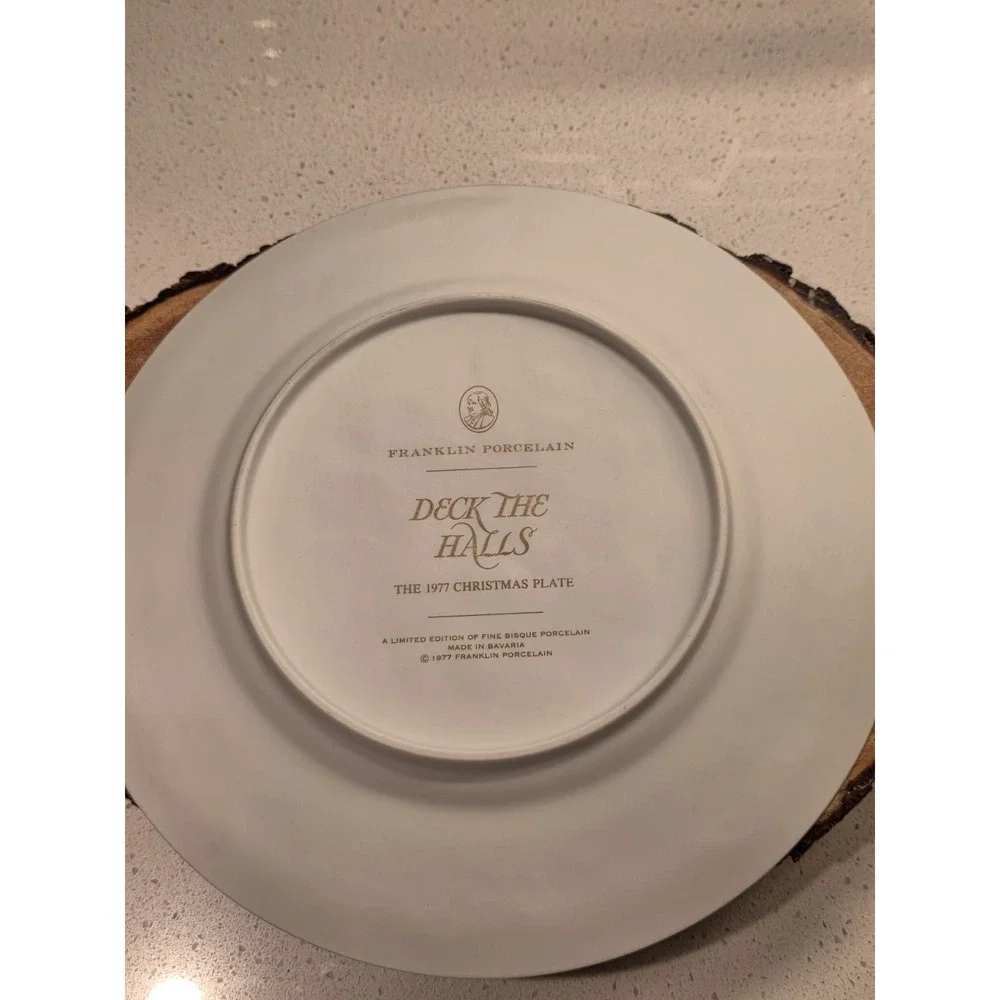 Franklin Porcelain 1977 Christmas Plate Deck the Halls Bisque Bavaria with Stand